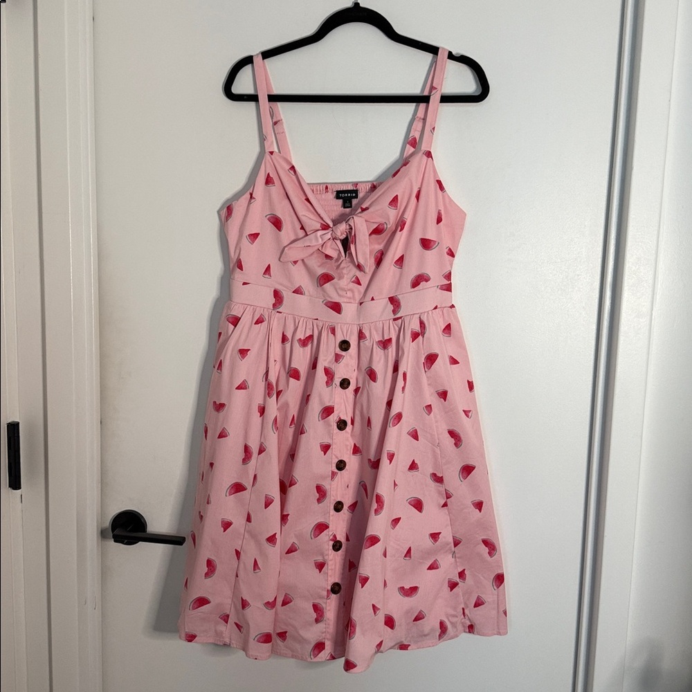Torrid Retro Pink Watermelon Poplin Mini Skater Dress - Picture 3 of 7